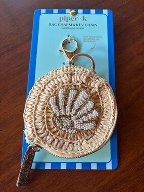 NWT Piper·k Gold Straw pouch beaded seashell Bag Charm Key Chain